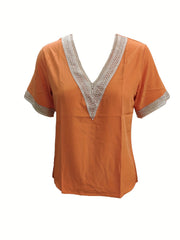 Lace Trim Splicing Blouse V Neck Short Sleeve Comfy Blouse