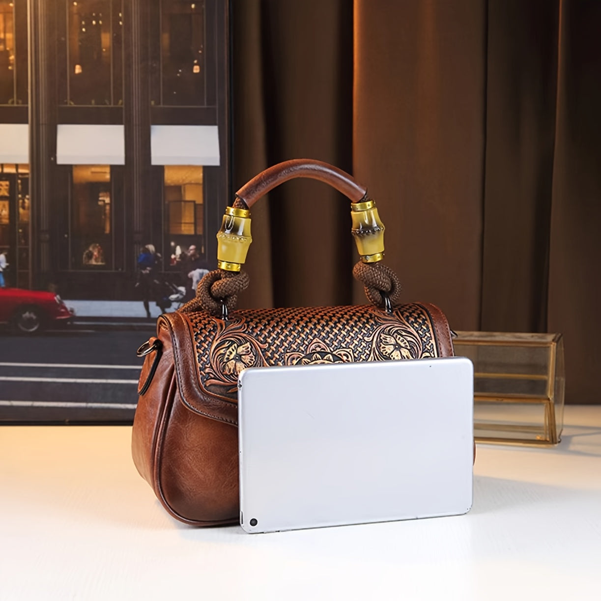 Vintage Floral Embossed Women's Handbag Brown Crossbody Bag