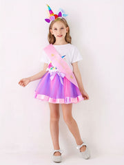 Girl's Birthday Outfit 4pcs Tutu Skirt & T shirt & Headband & Birthday Ribbon