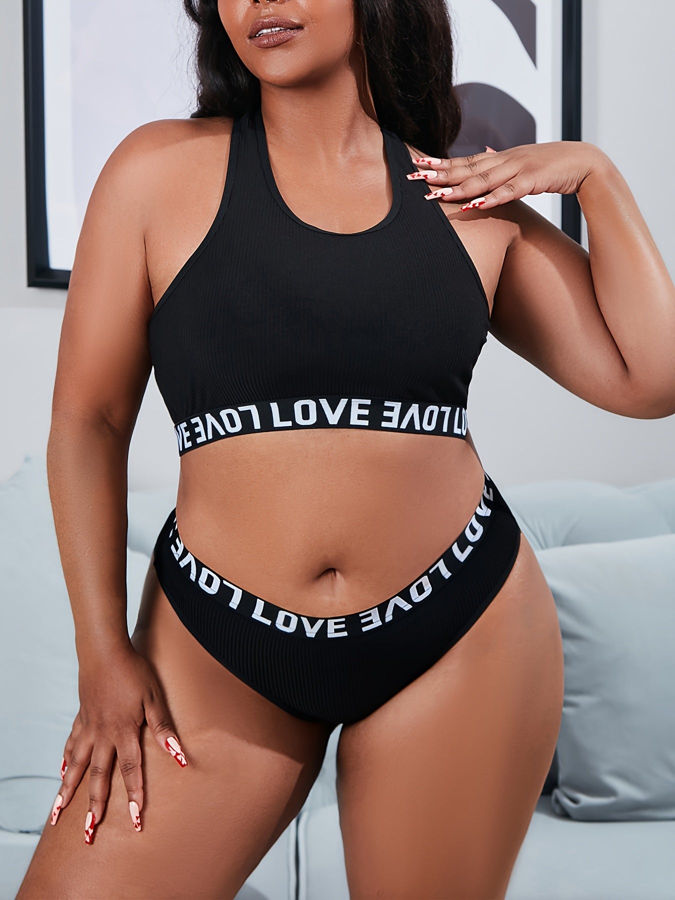 Ribbed Letter Tape Halter Bra & Panty Set