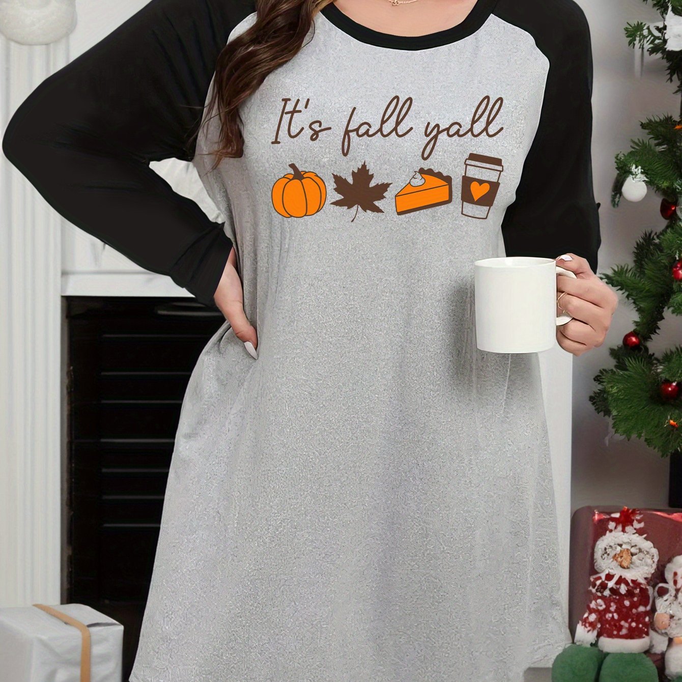 Cake & Maple Leaf Graphic Raglan Long Sleeve Nightdress