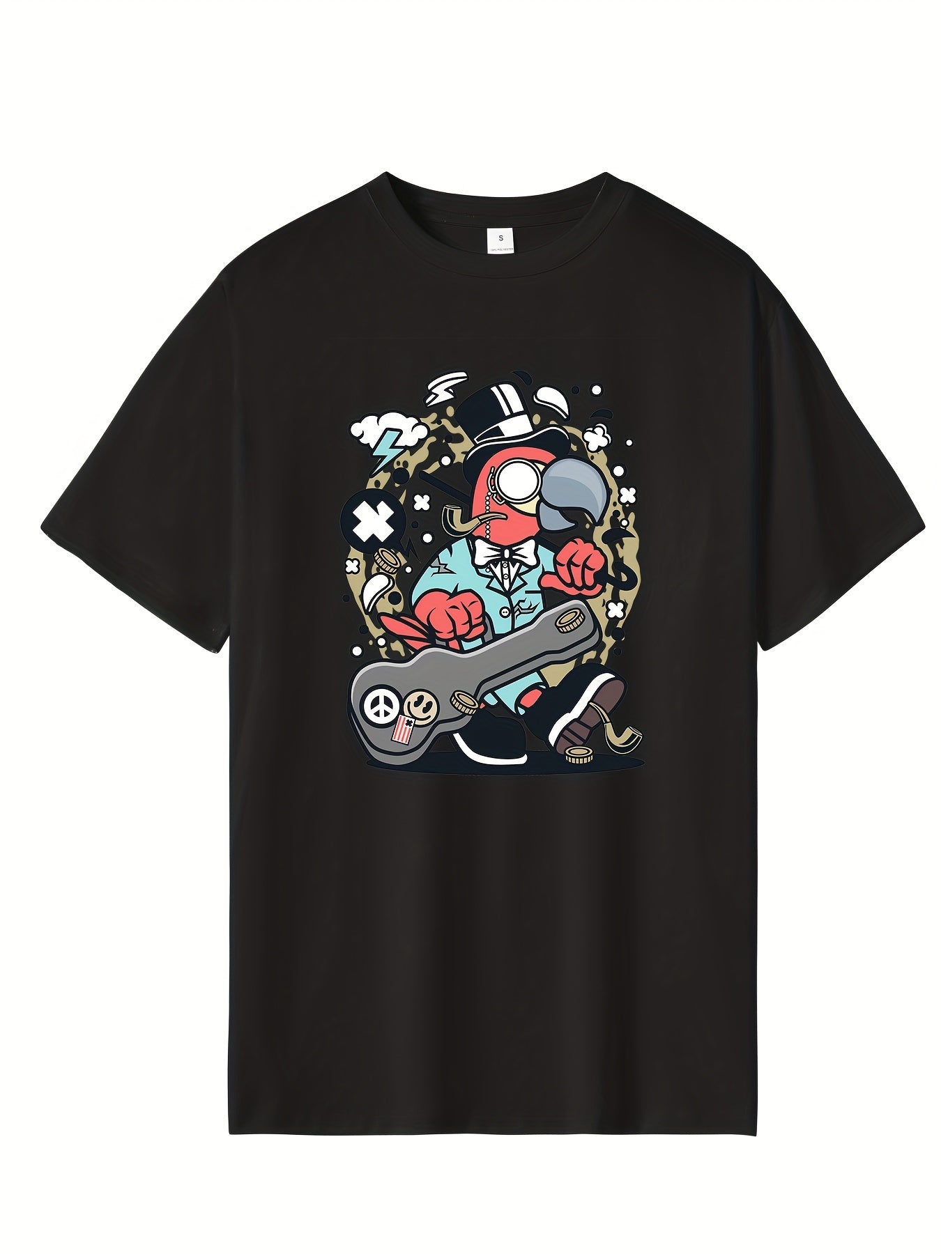 Men's Bird Guitar Print T-shirt Active Casual Crew Neck Tee