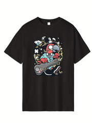 Men's Bird Guitar Print T-shirt Active Casual Crew Neck Tee