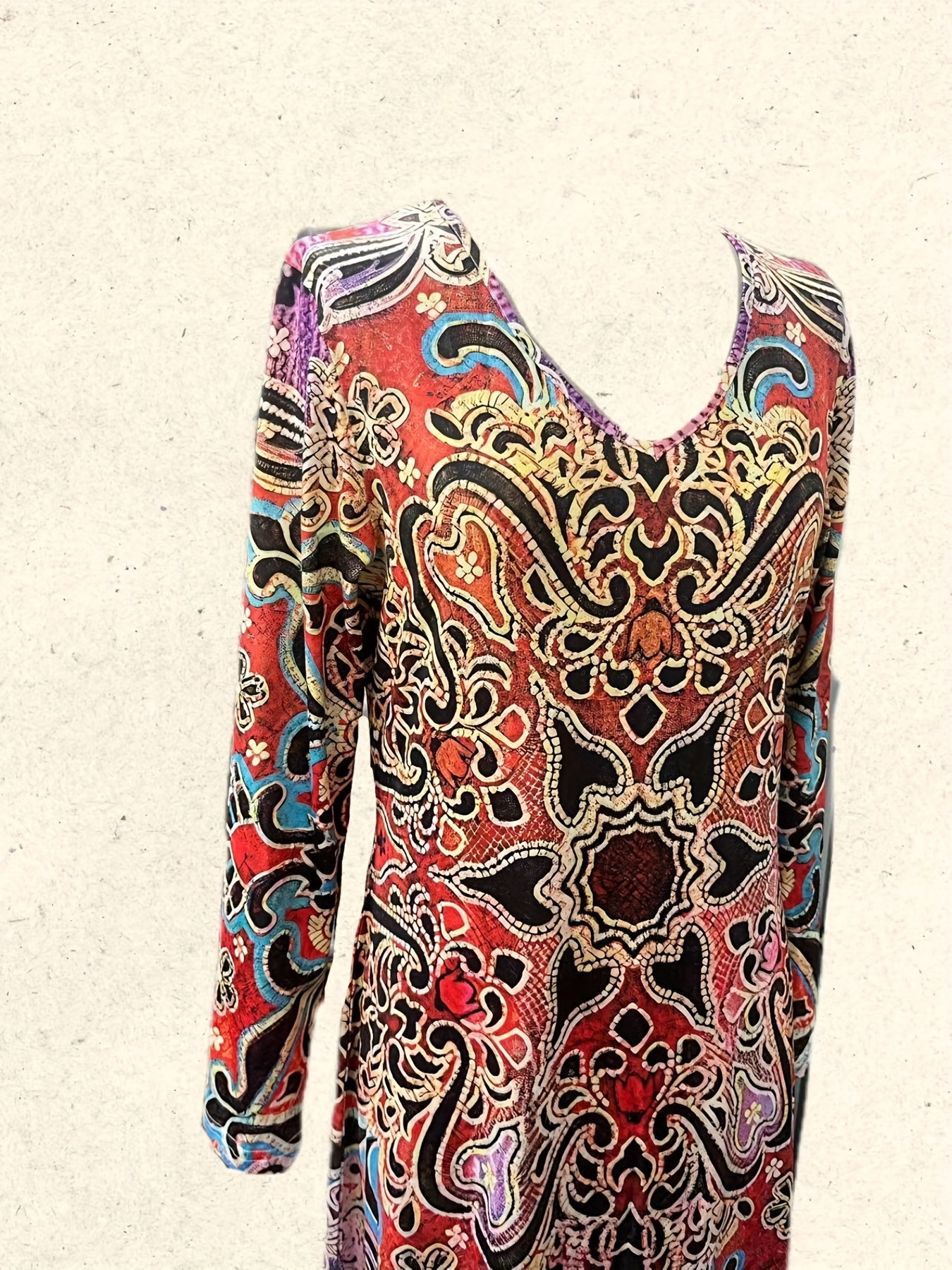 Ethnic Floral Print Maxi Dress V Neck Long Sleeve