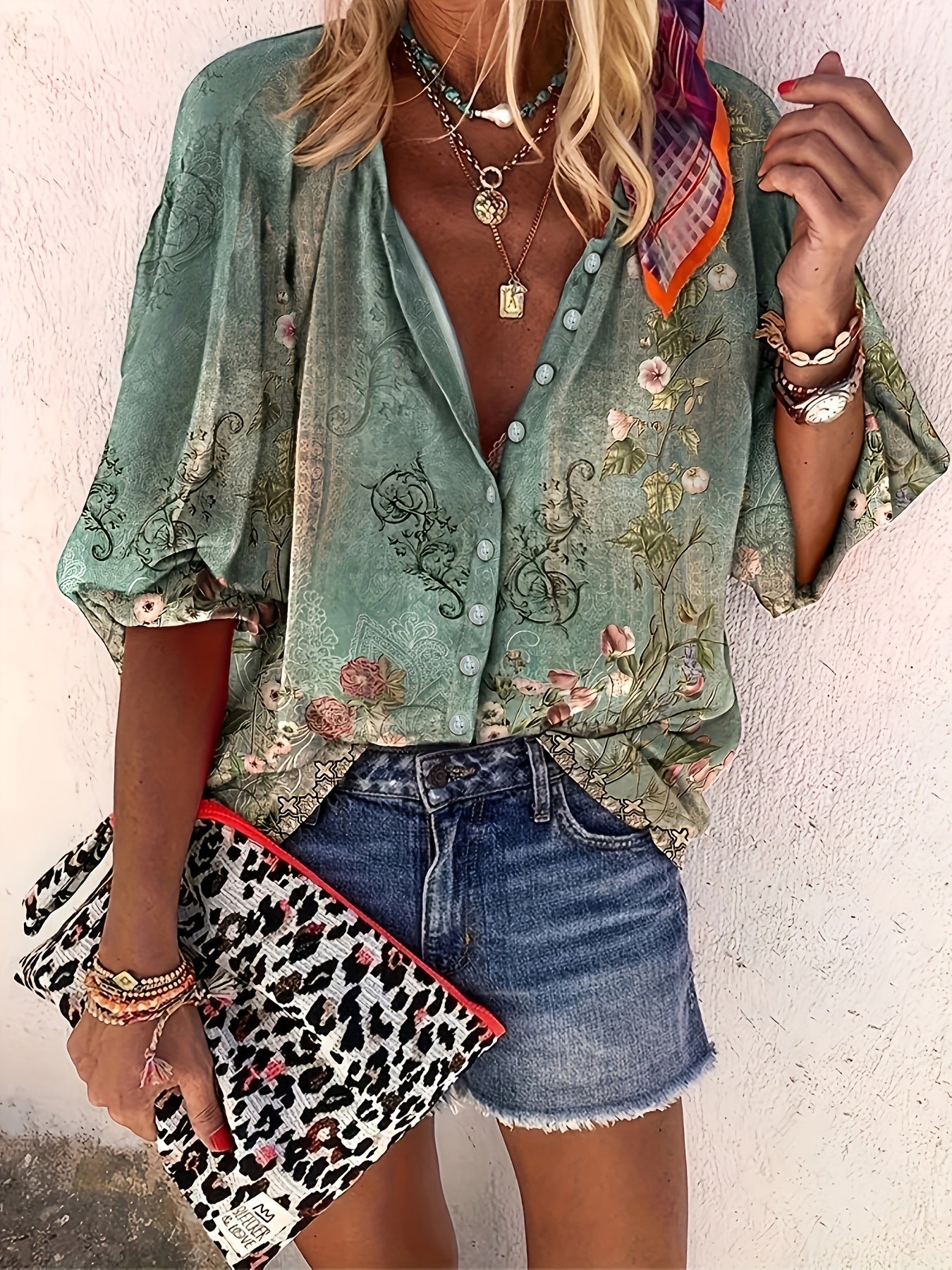 Floral Print Button Up Lantern Sleeve Blouse