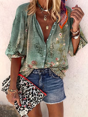 Floral Print Button Up Lantern Sleeve Blouse
