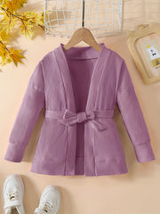 Toddler Girls Ribbed Knit Cardigan with Lace Up Waist