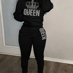 Women's Plus Crown & Letter Print Hoodie & Joggers Outfit Set