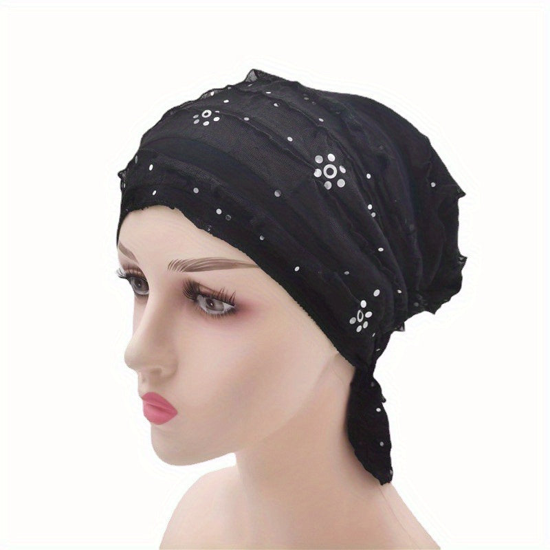 Sequin Decor Ruffle Turban Cap Elastic Head Wrap Ramadan Hijab Hats