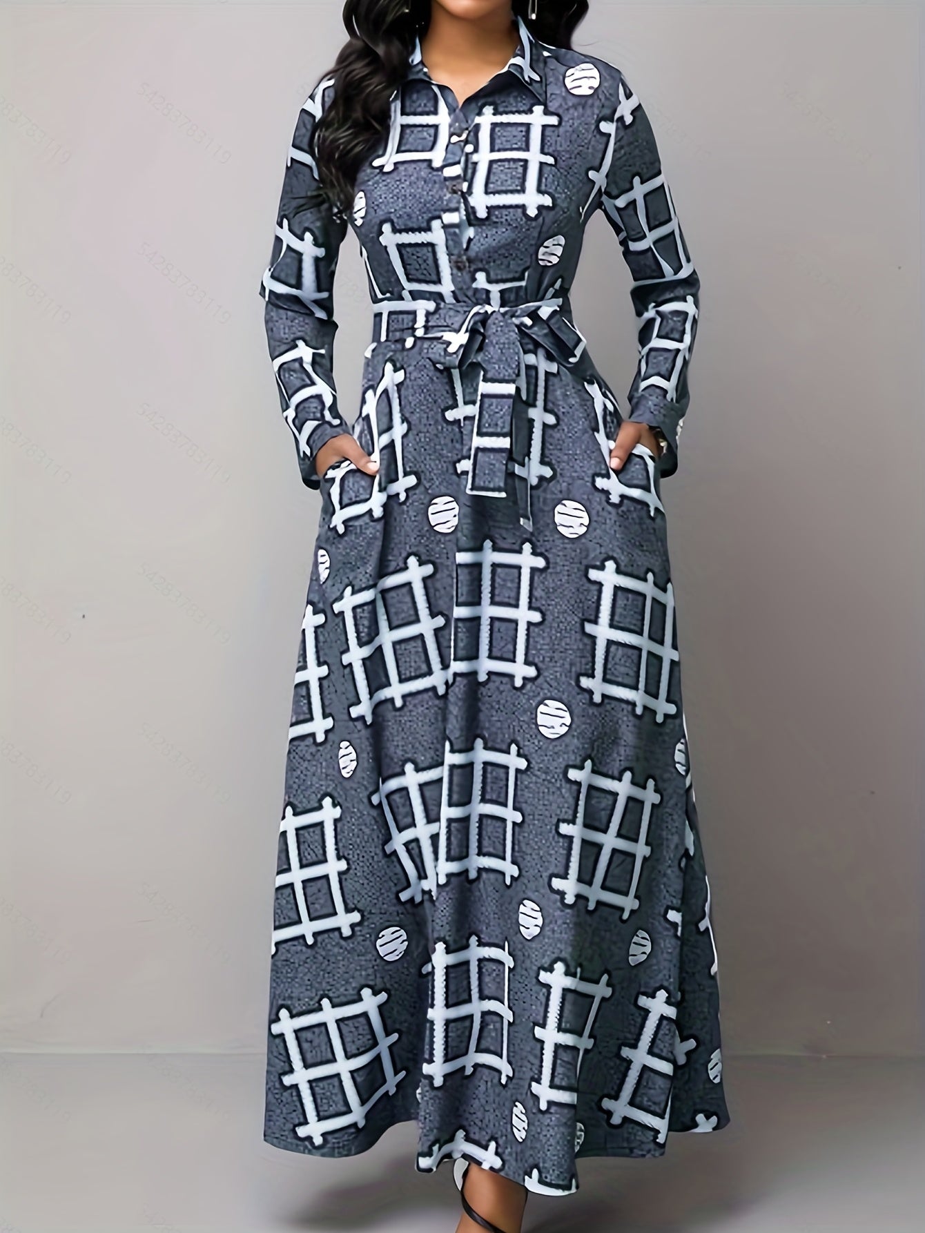 Geometric Print Button Up Maxi Shirt Dress