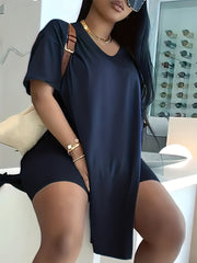 Oversized T Shirt Set Drop Shoulder Short Sleeve Side Slit T Shirt & Shorts 2pcs