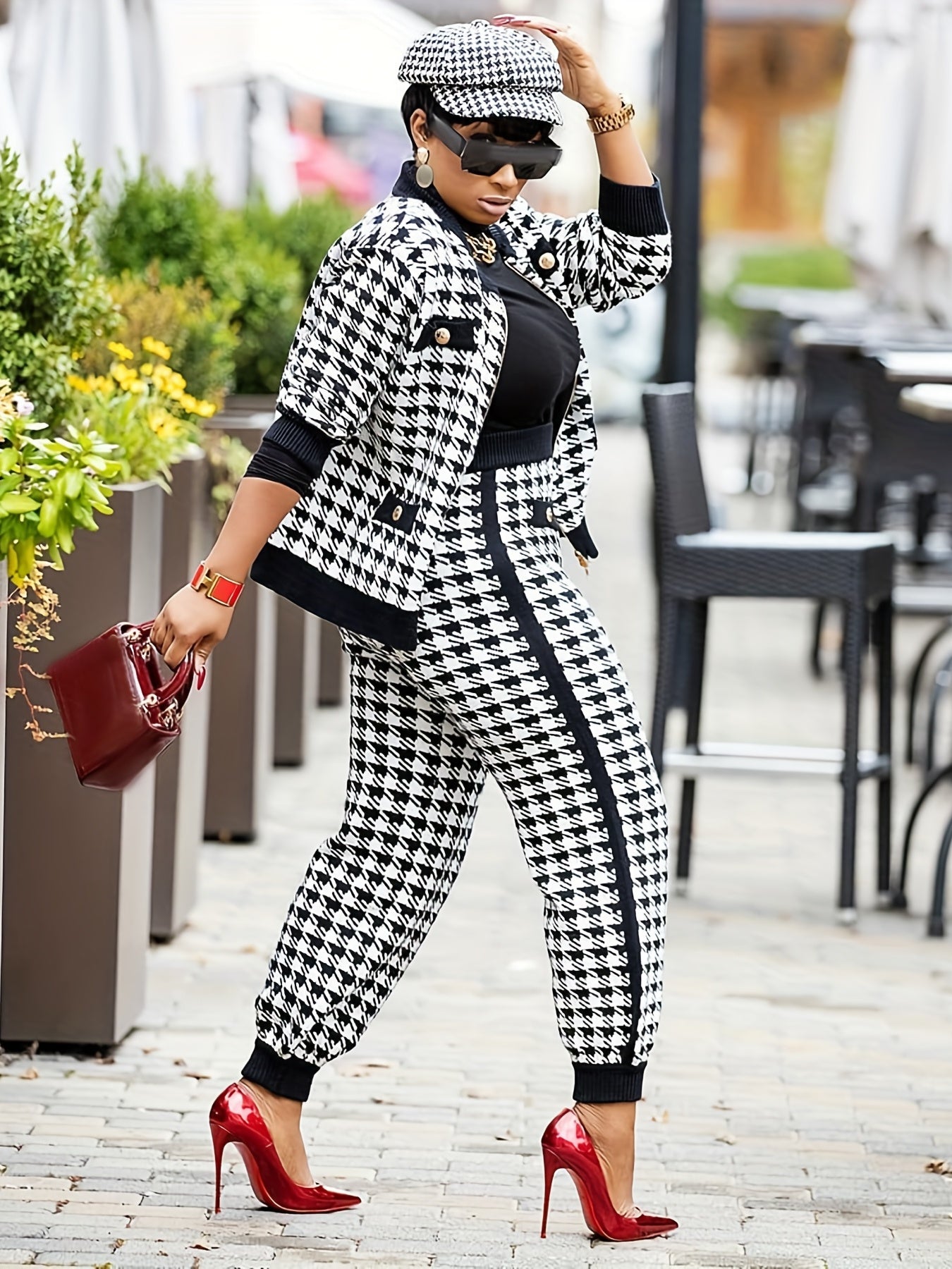 Plaid Button Two piece Set Contrast Trim Jacket & Casual Pants Outfits