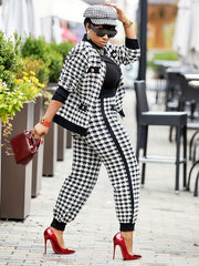 Plaid Button Two piece Set Contrast Trim Jacket & Casual Pants Outfits