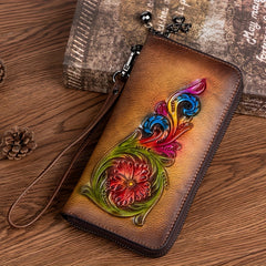 Vintage Floral Leather Wristlet Wallet for Women