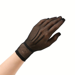Red Nylon Fishnet Bridal Gloves with Lace Trim for Wedding
