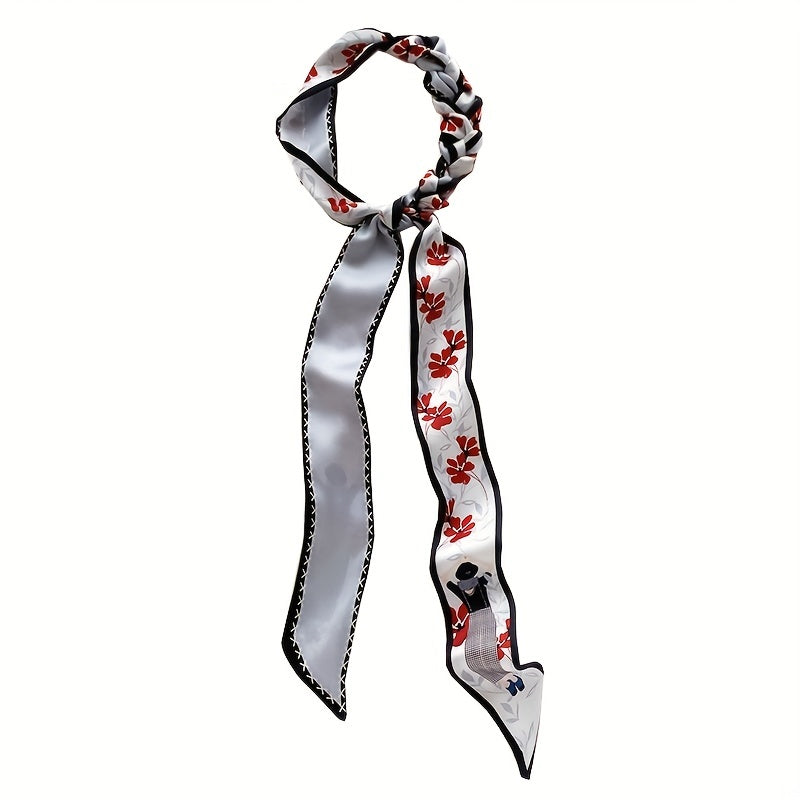 Long Ribbon Scarf Silk Floral Print Skinny Scarf Ribbon Necktie