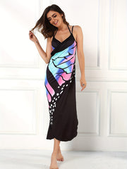 Butterfly Print Surplice V Neck Cover Up High Strech Sleeveless Beach Cover Dres
