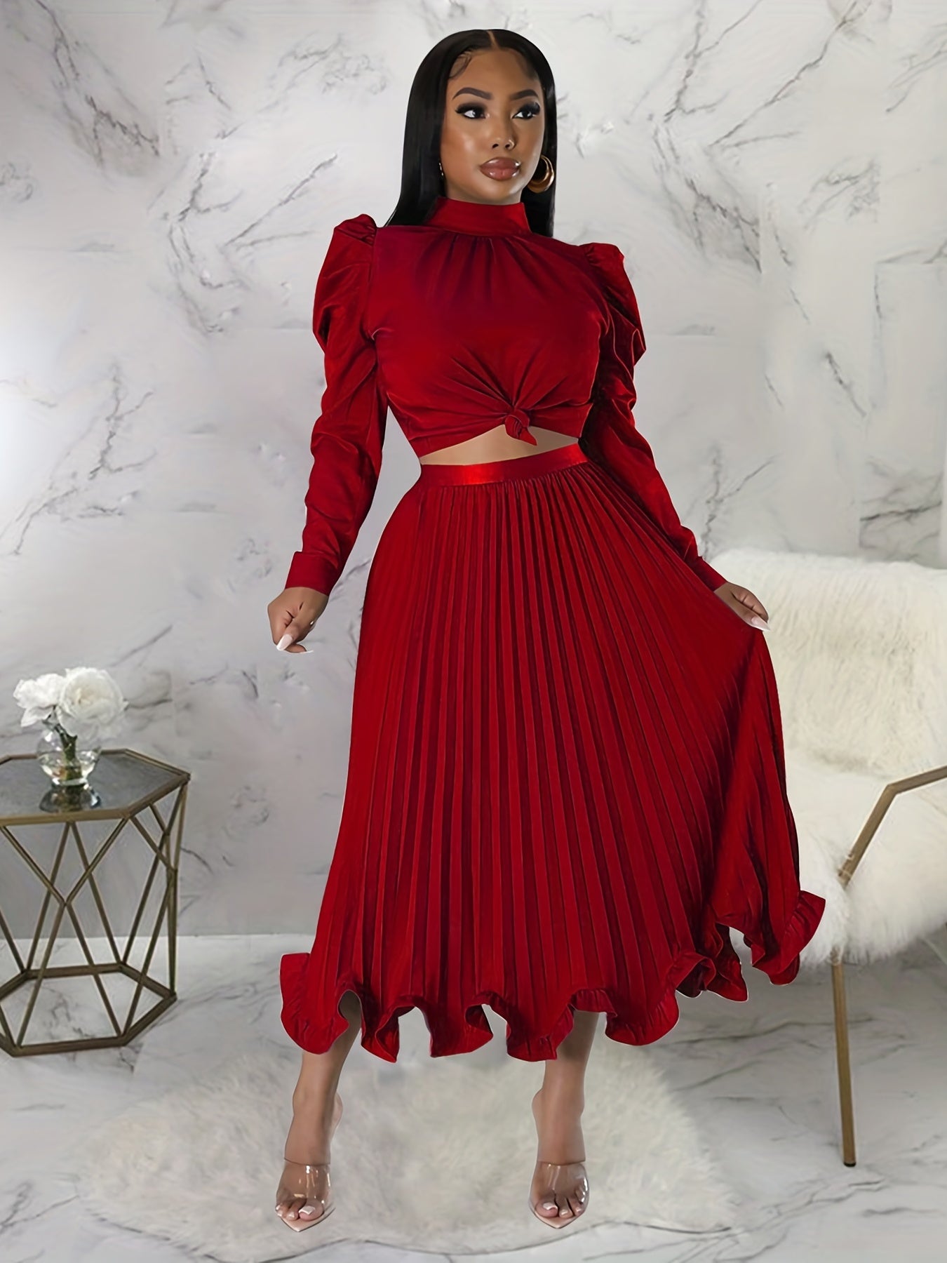 Puff Sleeve Top & Pleated Skirt Set Women's Outfit
