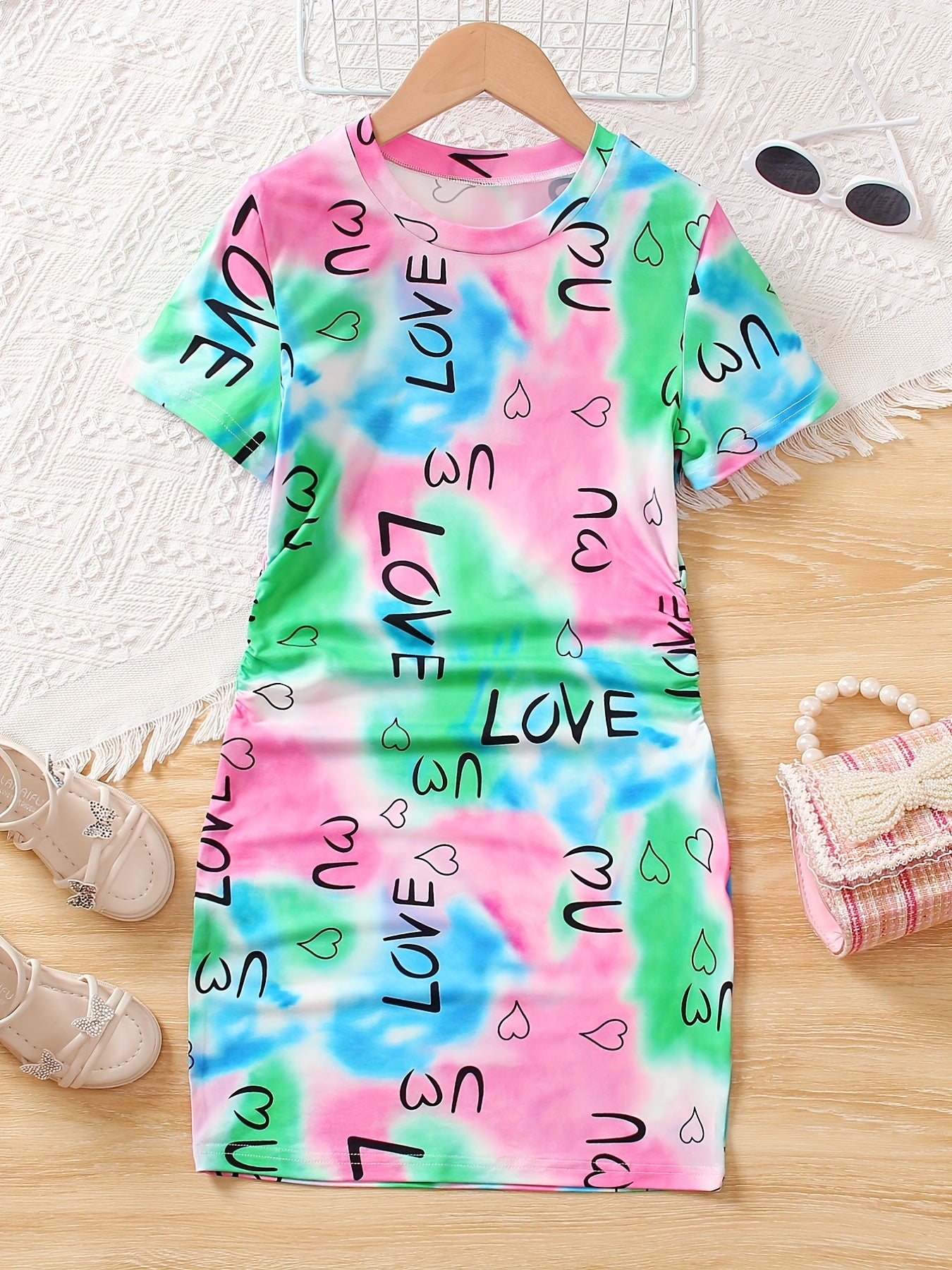Girls Rainbow Tie Dye & Letter Graphic Short Sleeve Dress For Going Out Party