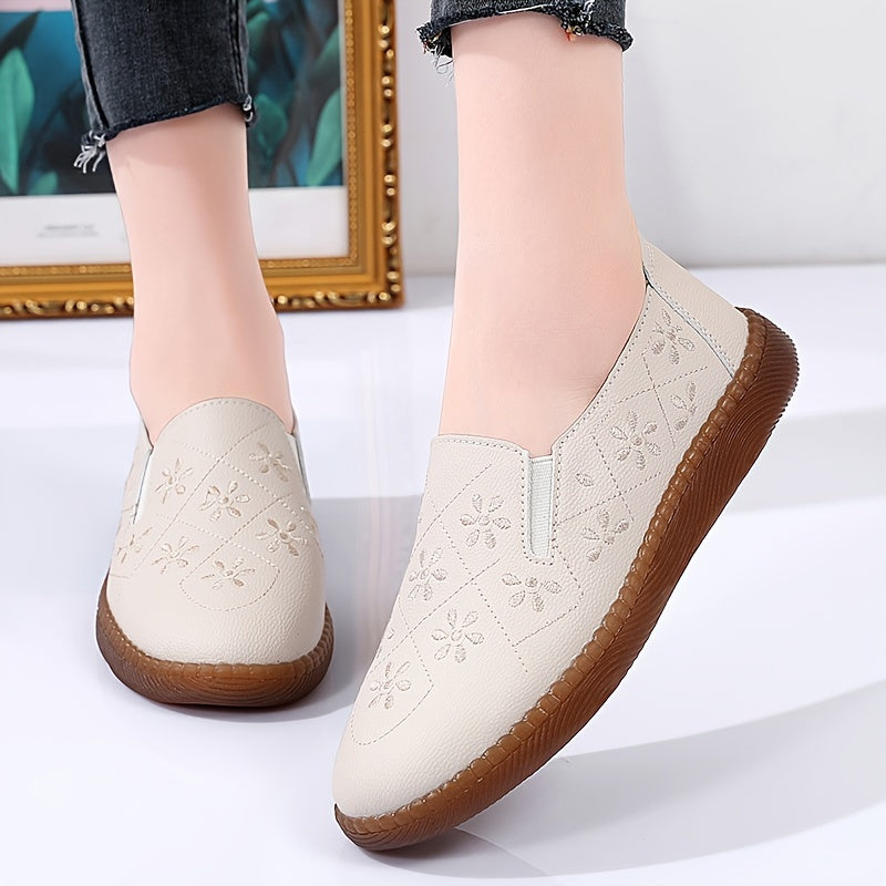 Floral Embroidered Loafers Lightweight Faux Leather Flats Slip On Shoes
