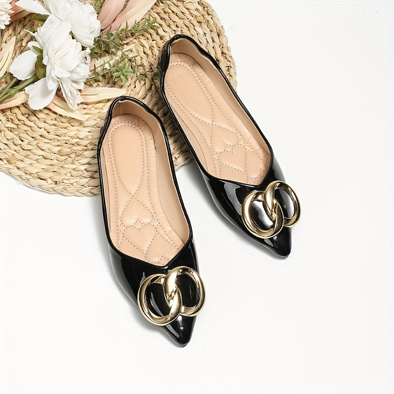 Pointed Toe Flats with Metallic Buckle Patent Leather Slip On Shoes