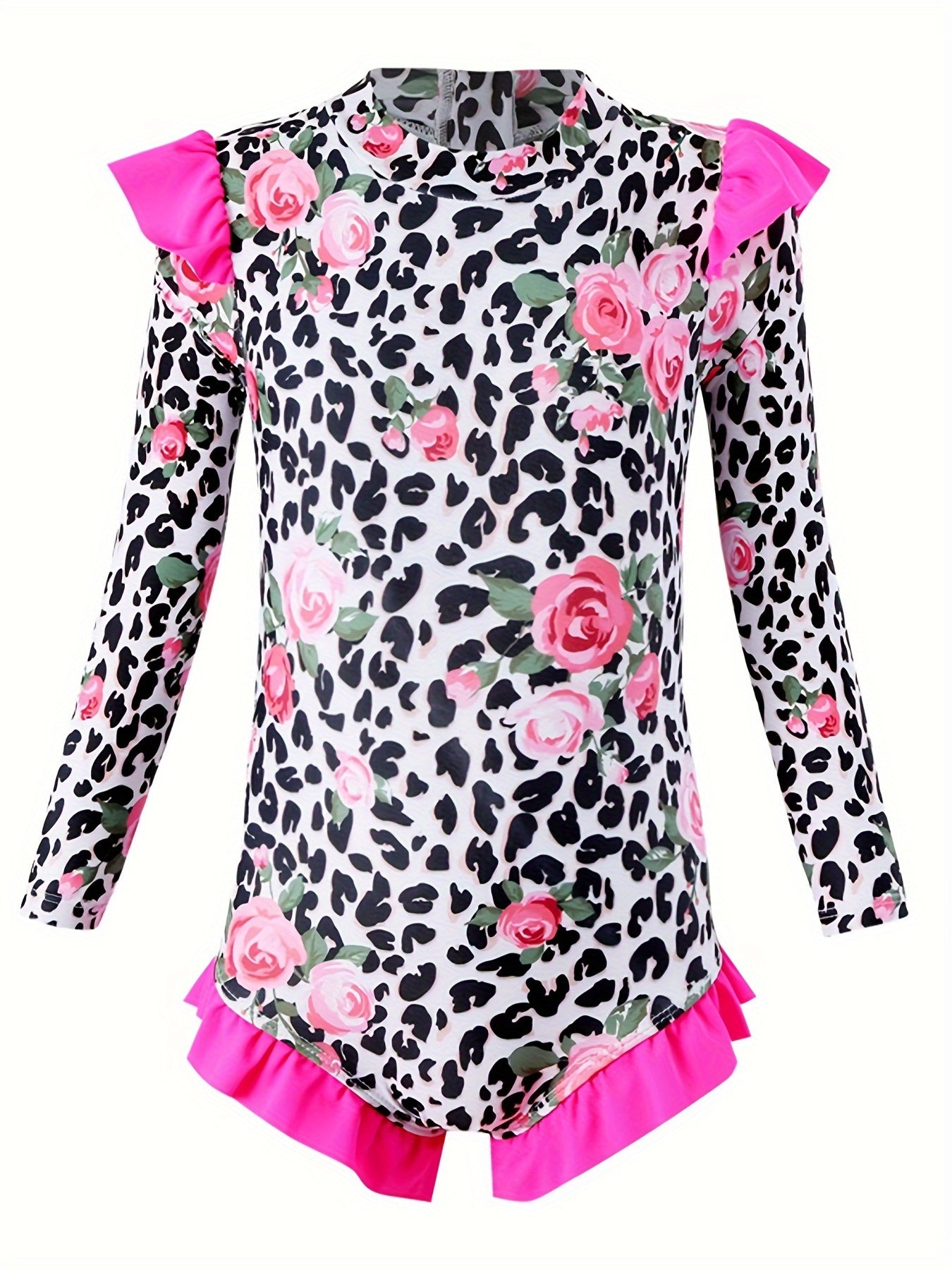 Girls Comfy Sun Protection Leopard Long Sleeve Swimwear