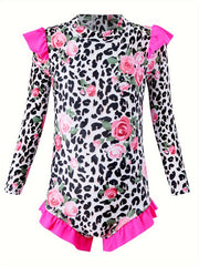 Girls Comfy Sun Protection Leopard Long Sleeve Swimwear