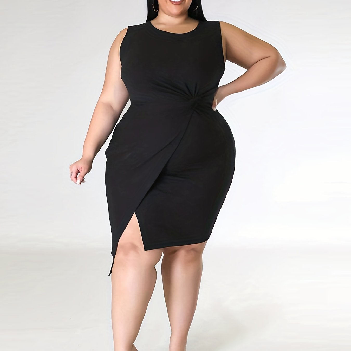Women's Round Neck Ruched Slim Fit Dress