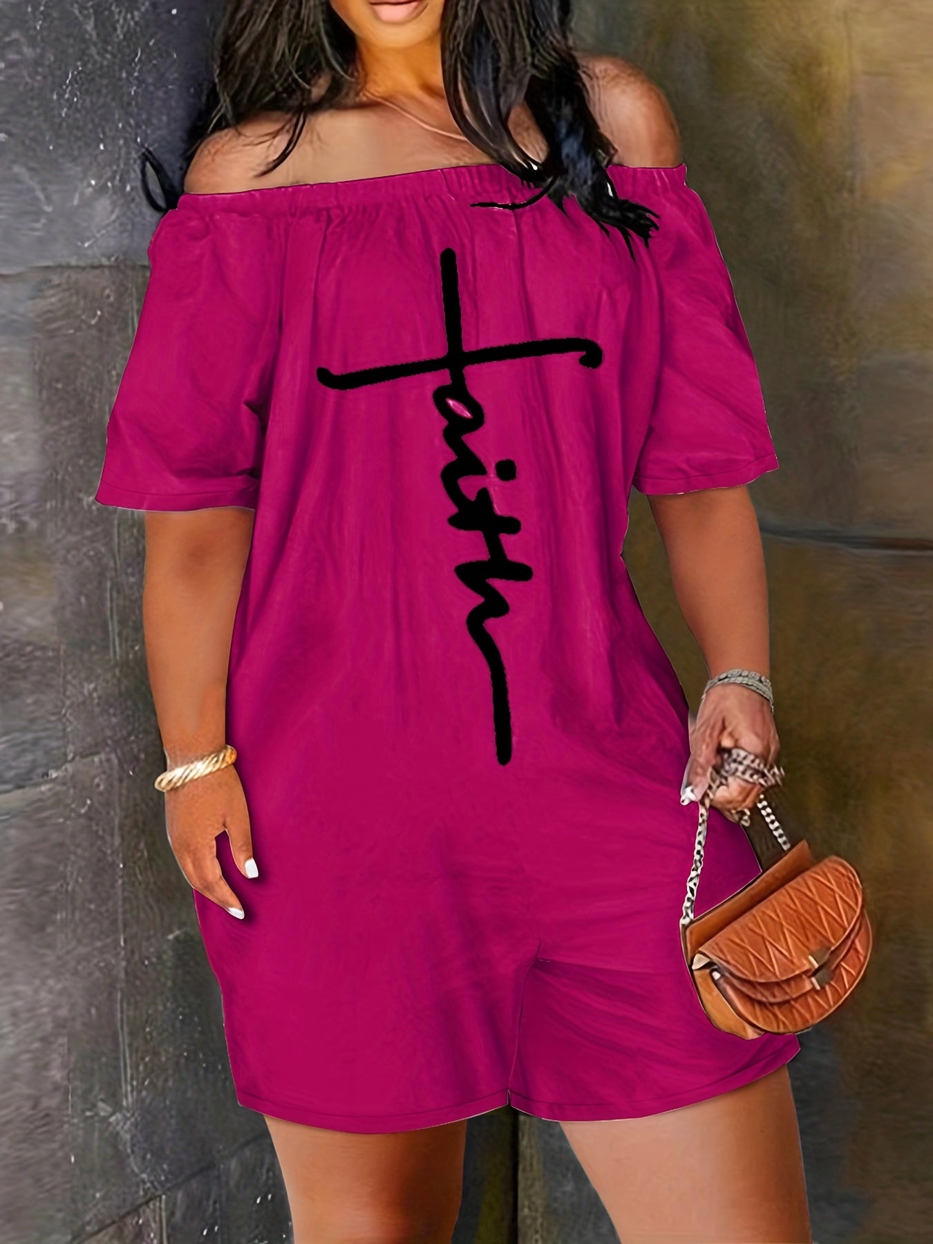 Faith Letter Embroidered Jumpsuit Off Shoulder Short Sleeve