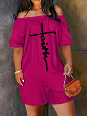 Faith Letter Embroidered Jumpsuit Off Shoulder Short Sleeve