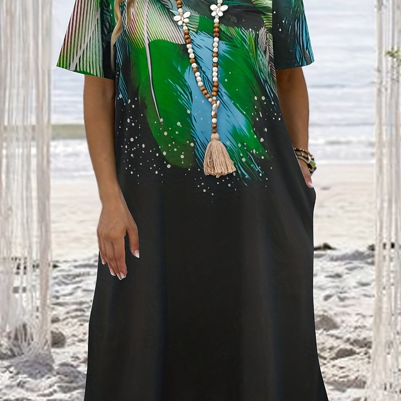 Leaf Print Short Sleeve Casual Dress With Pockets