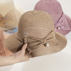 Bowknot Bucket Hat Wide Brim Crochet Sunscreen Fedora Cap