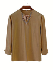 Men's Retro Casual Drawstring V Neck Long Sleeve Shirt