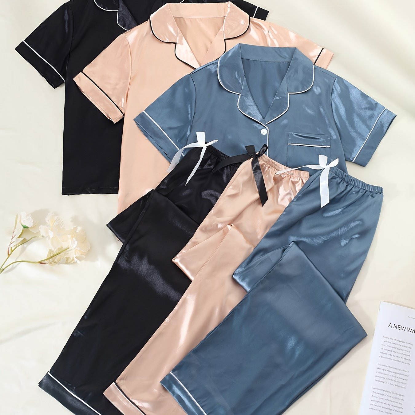 Solid Satin Pajamas Set Short Sleeve Buttons Top & Bow Pants