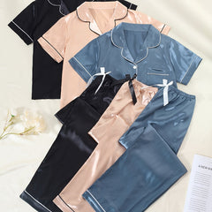 Solid Satin Pajamas Set Short Sleeve Buttons Top & Bow Pants