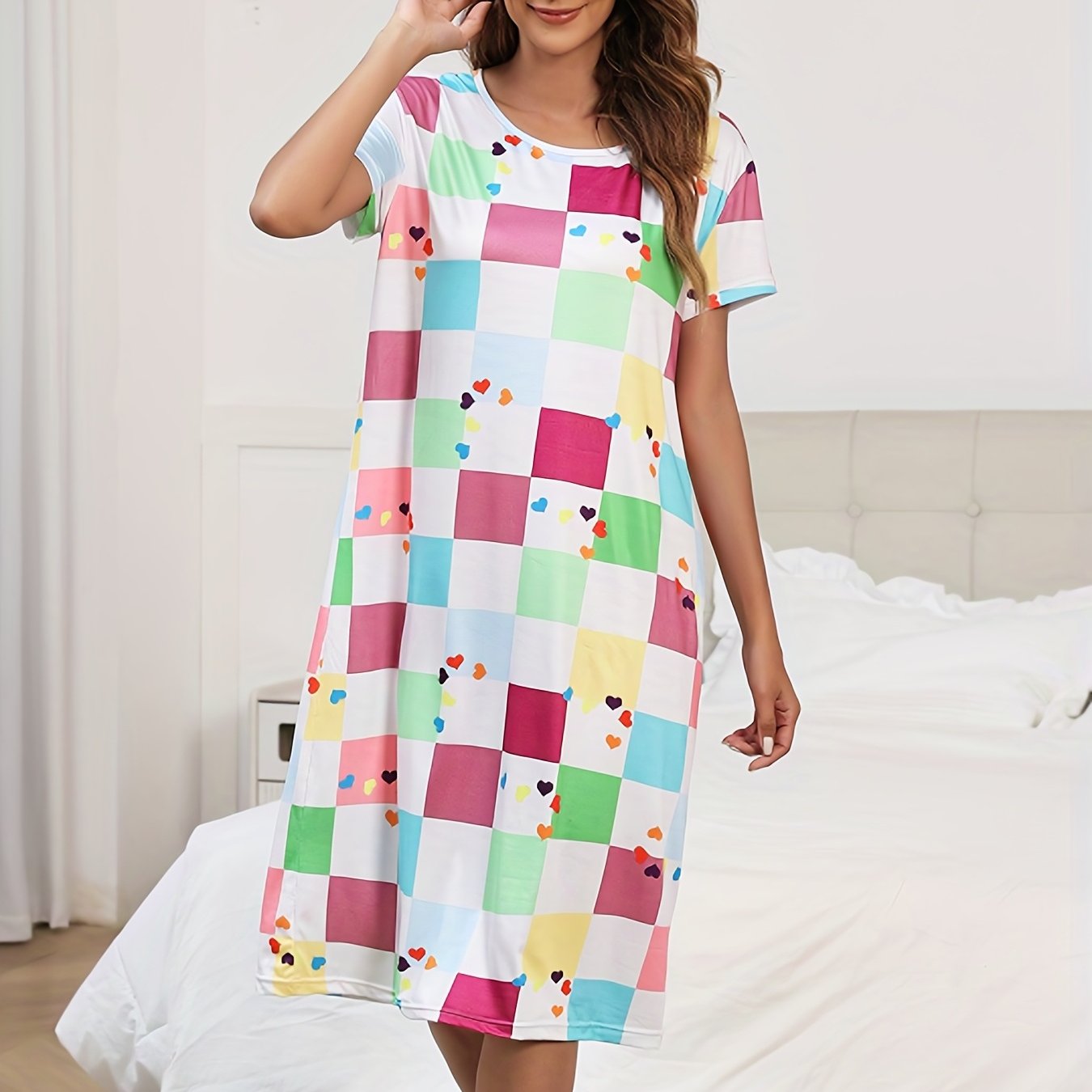 Colorblock Plaid Lounge Dresses & Comfy Short Sleeve Home Dress