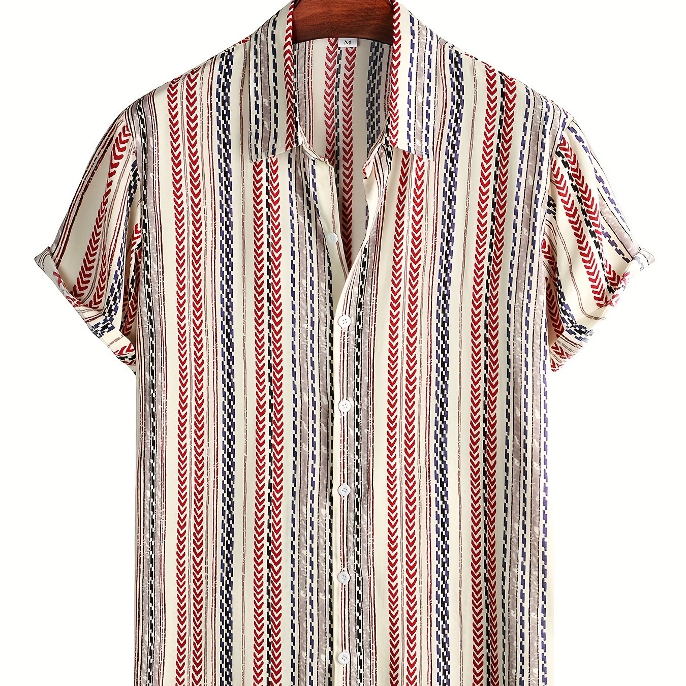 Men's Vintage Lapel Shirt Button Up Short Sleeve with Stripes & Graphics