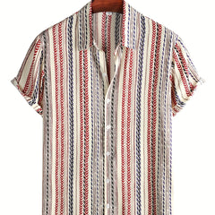 Men's Vintage Lapel Shirt Button Up Short Sleeve with Stripes & Graphics