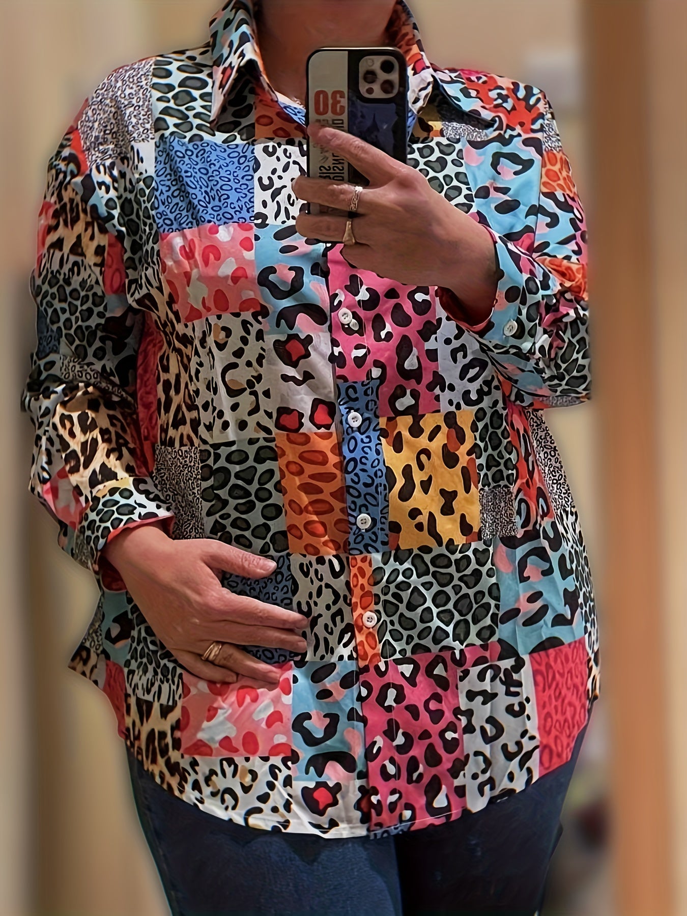 Colorblock Leopard Print Button Up Shirt