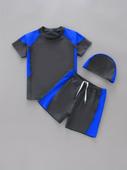 Boy's 3pcs Swimsuit Short Sleeve Top & Shorts & Swim Cap Beach Wear