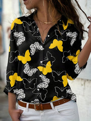 Butterfly Print Plus Size Button Up Blouse