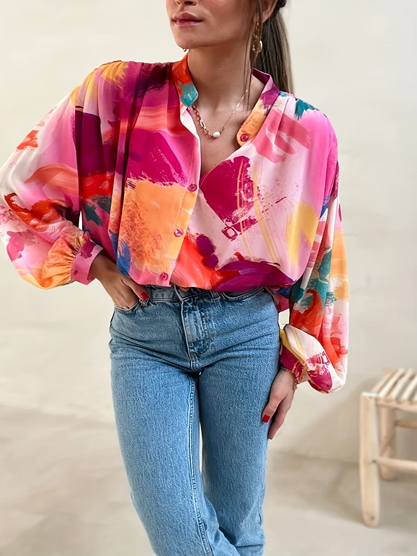Casual Blouse Women's Plus Colorblock Print Button Up Blouse