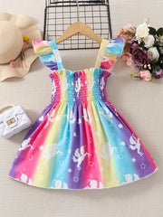 Girls Rainbow Unicorn Stripe Suspender Dress