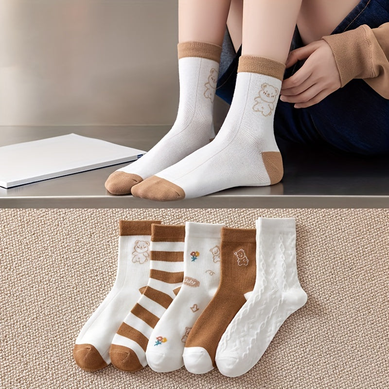 5 Pairs Bear Print Mid Tube Socks Women's Stockings
