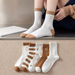 5 Pairs Bear Print Mid Tube Socks Women's Stockings