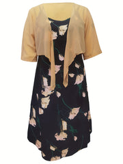 2-Piece Set Semi Sheer Knot Front Top & Floral Print Criss Cross Dress