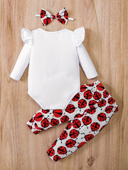 Ladybug Print Baby Romper & Pants Set For Autumn & Spring