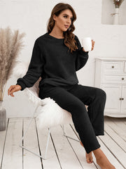 Plush Pajama Set Long Sleeve Crew Neck Top & Pants