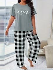 Casual Lounge Set Women's Plus Letter & Eyelash Print Tee & Heart Plai