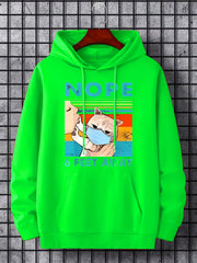 Men's Cartoon Cat & NOPE Print Hooded Sweatshirt Long Sleeve Drawstrings